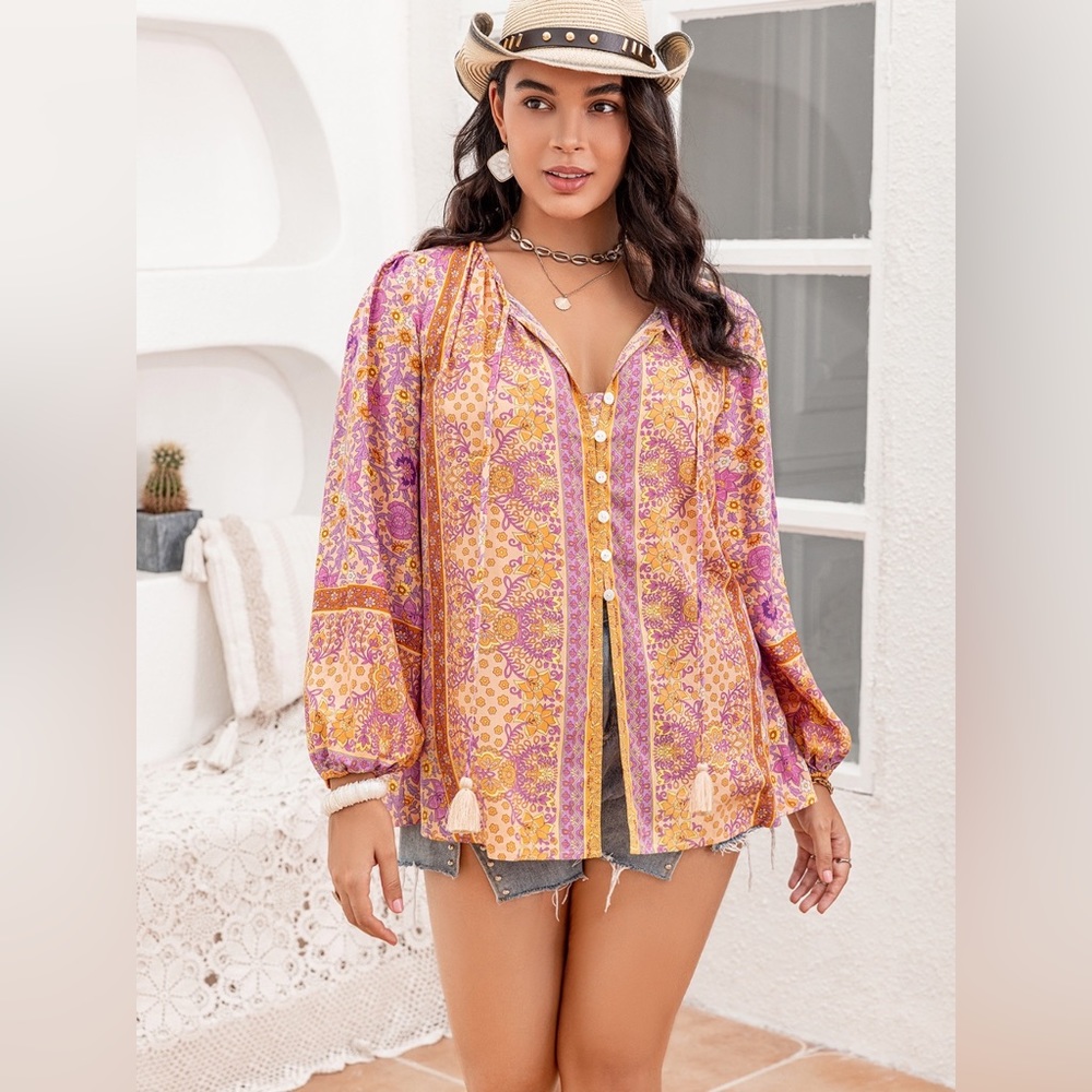 Orange & Purple Plus Size Tie Neck Tassel Printed Blouse
